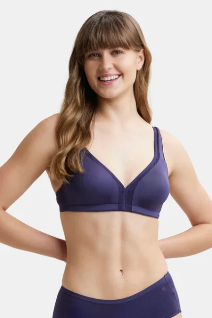 Non Padded Soft Touch Microfiber Elastane Stretch Full Coverage Everyday Bra with Stylized Mesh Panel