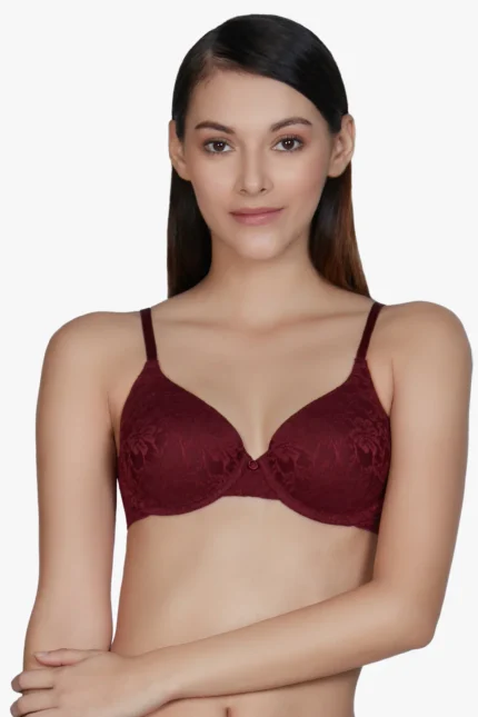 Floral Romance Maroon Padded Wired Lace Bra
