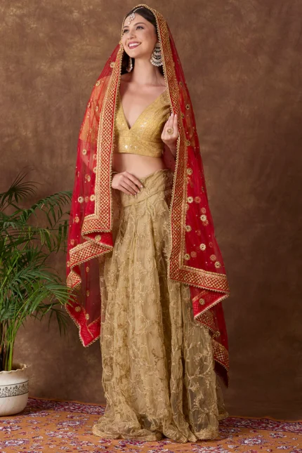 Embroidered Red Bridal & Wedding Wear Net Dupatta