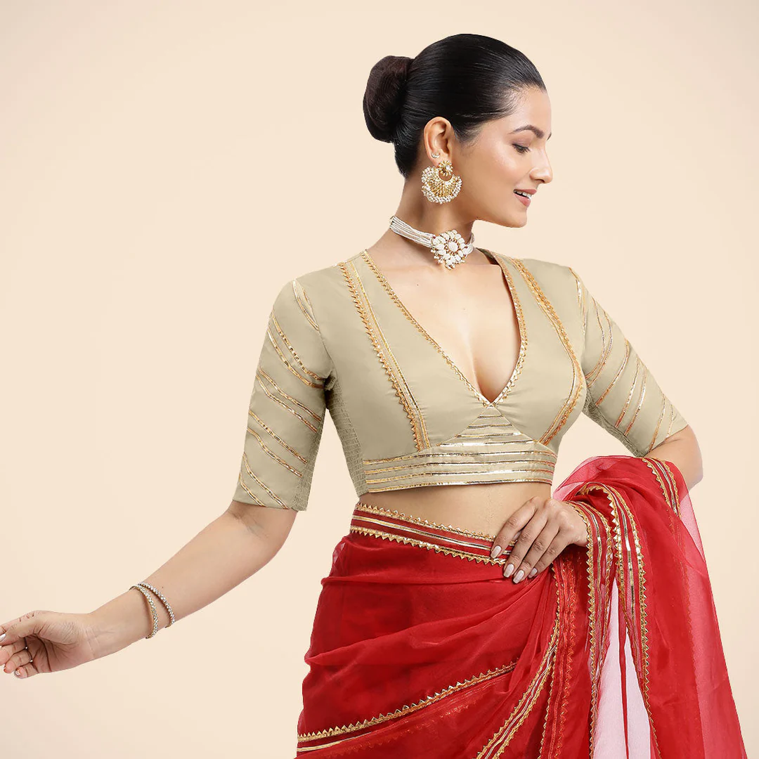 Navya x Tyohaar | Cream Elbow Sleeves FlexiFi Saree Blouse with Plunging V Neckline with Tasteful Golden Gota Lace - Image 4