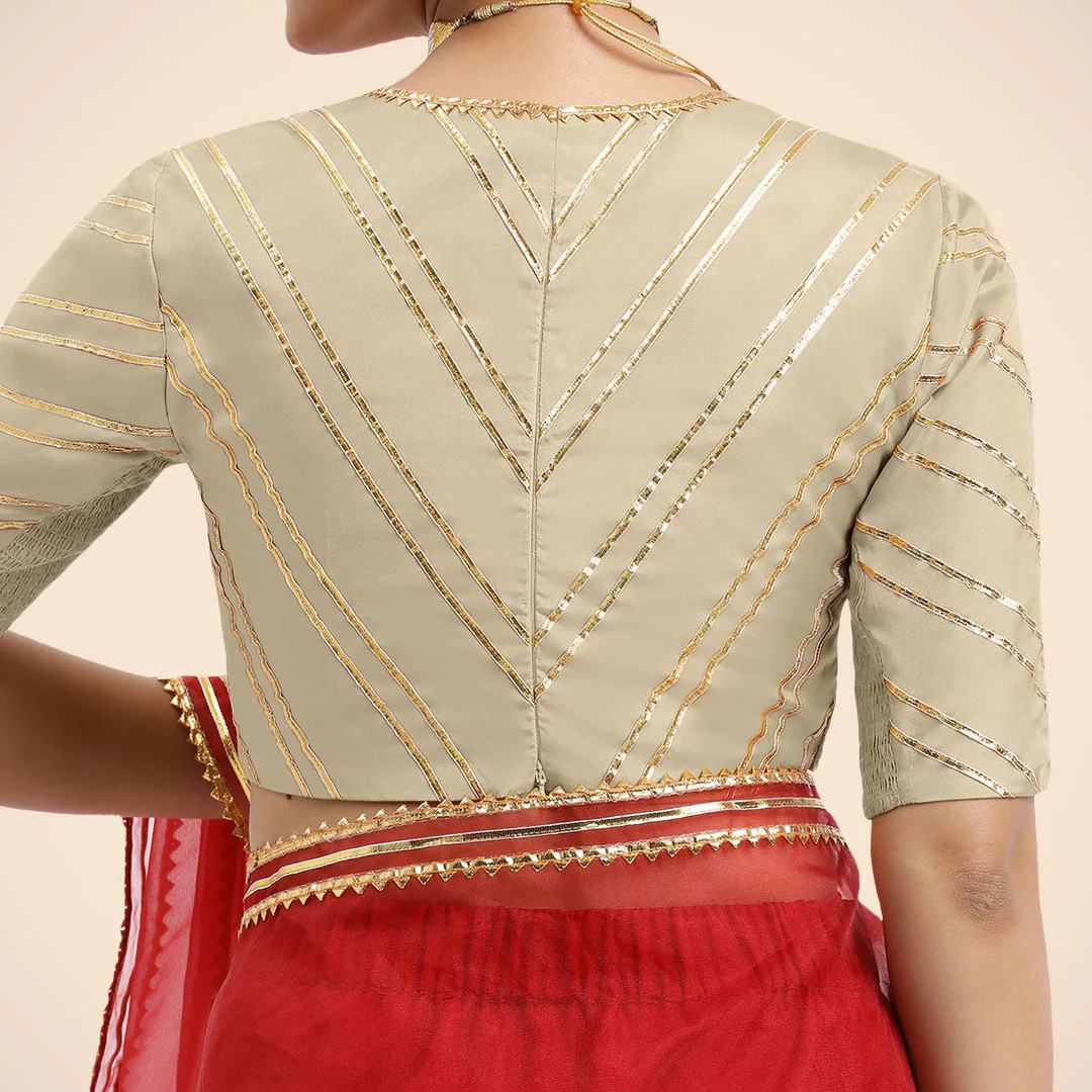 Navya x Tyohaar | Cream Elbow Sleeves FlexiFi Saree Blouse with Plunging V Neckline with Tasteful Golden Gota Lace - Image 5