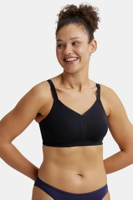 Black Combed Cotton Elastane Stretch Full Coverage Minimizer Bra