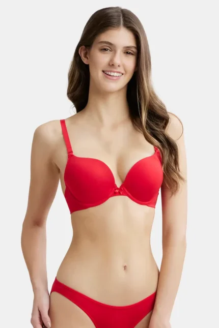 Sangria Red Wired Padded Super Combed Cotton Elastane Stretch Medium Coverage Pushup Bra with Plunge Neck