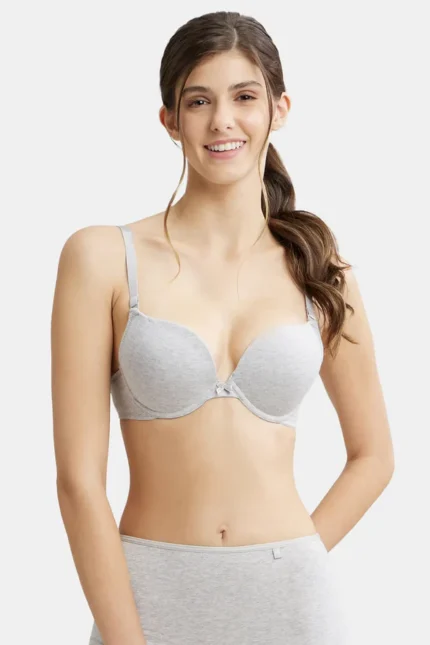 Steel Grey Mélange Padded Wired Super Combed Cotton Elastane Stretch Medium Coverage Pushup Bra with Plunge Neck