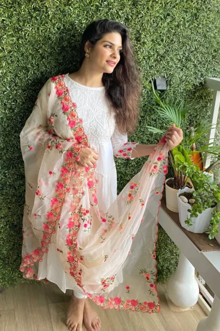 Organza Dupatta with Multicolor Floral Embroidery