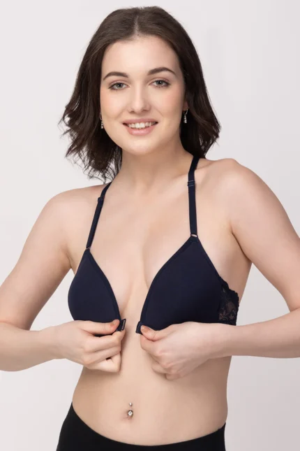 Navy Blue Non-Wired  Lightly Padded  Medium Coverage Women's Front-Open Bra