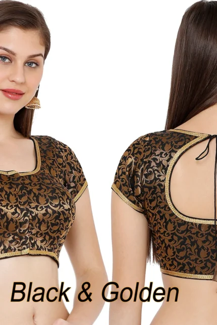Readymade saree blouse short sleeve brocade Padded blouse for saree from back side openable with hook eye