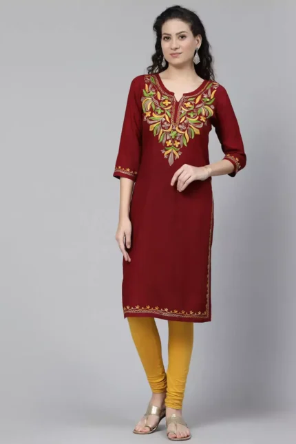 Bushra Maroon Embroidered Kurti