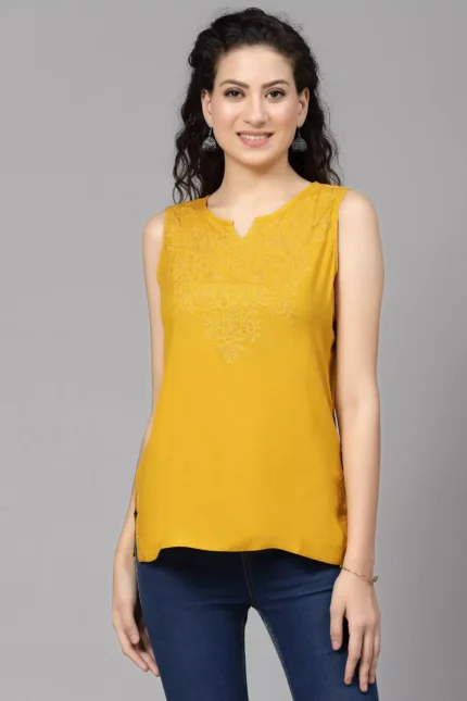 Mustard Self Embroidered Sleeveless Short Kurti