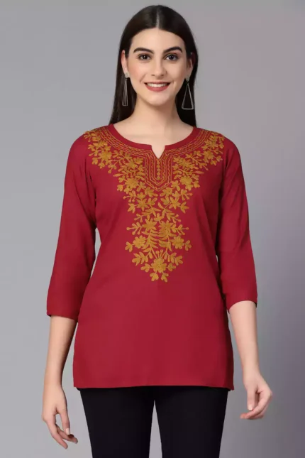 Red Kashmiri Embroidered Short Kurti