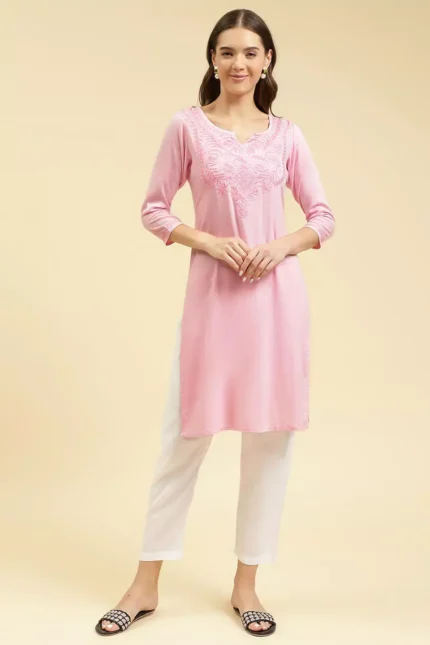 Pink Silk Embroidered Kashmiri Kurti