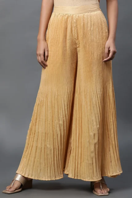 Gold Solid Flared Woven Sharara With Pleats