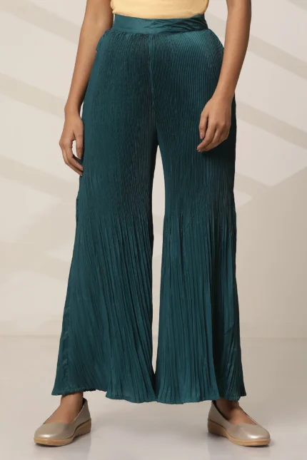 Teal Solid Flared Woven Sharara With Pleats