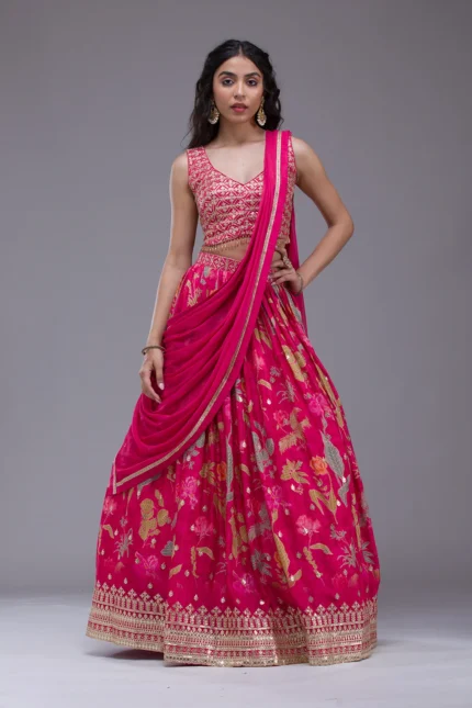 Rani Pink Sequins Georgette Readymade Lehenga