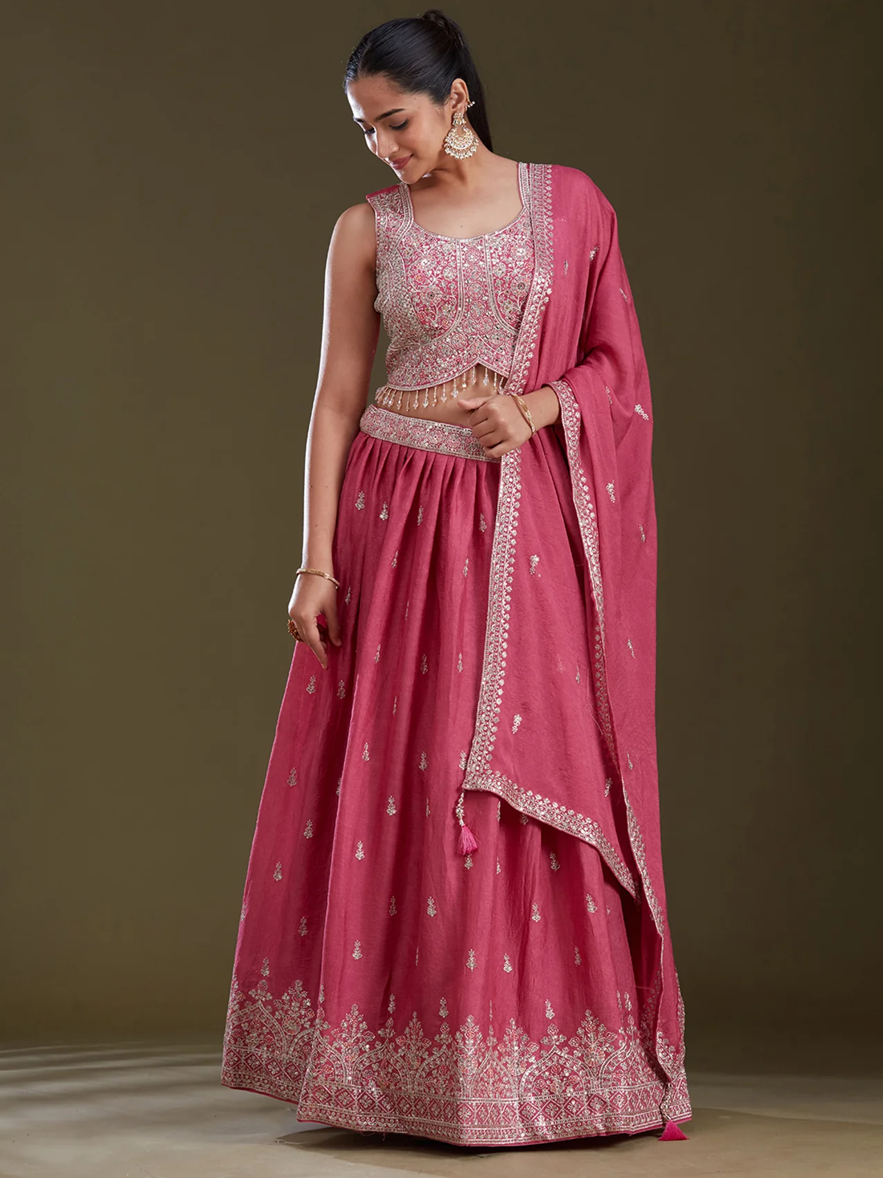 Pink Zariwork (Silver) Soft Raw Silk Readymade Lehenga