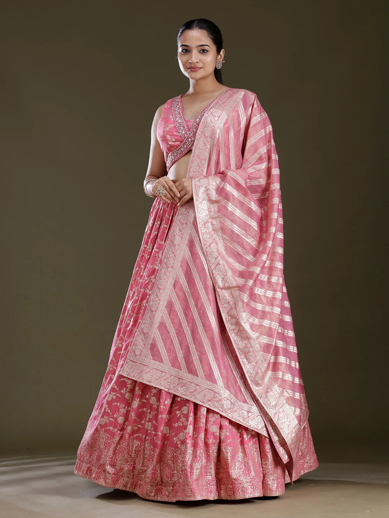 Onion Pink Sequins Soft Raw Silk Readymade Lehenga - Image 3