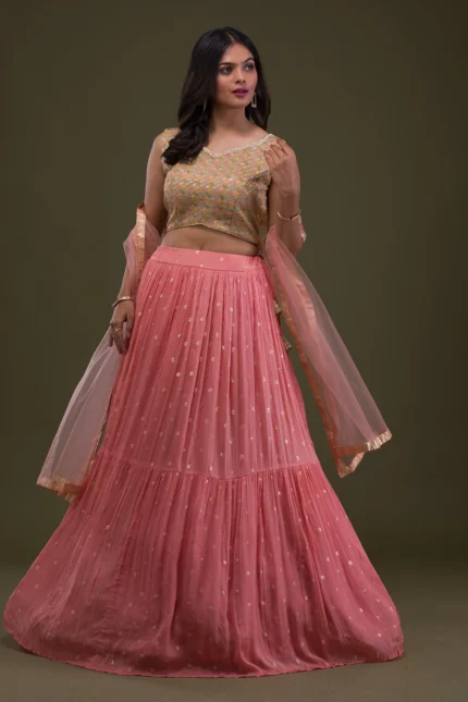 Yellow Threadwork Chiffon Readymade Lehenga
