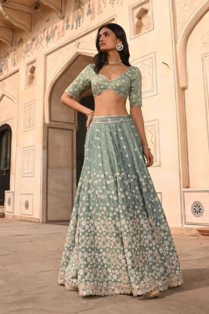 Baliye Organza Satin Teal Blue Lehenga