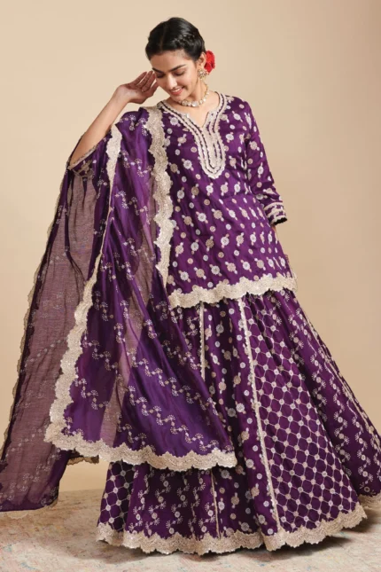 Surkh Silk Purple Kurta with Lehenga Set