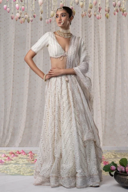 Gulmohar Organza Off White Lehenga