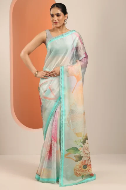 Multi Printed Organza Saree With Unstitched Blouse Piece