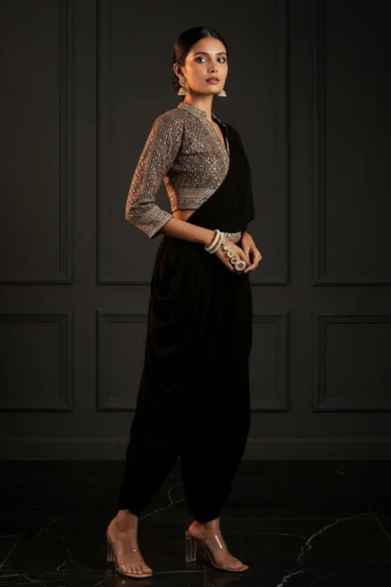 Art Black Embroidered Georgette Dhoti Saree