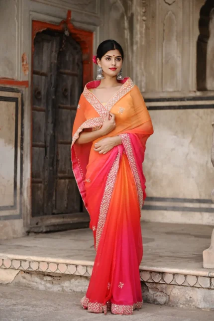 Orange Multiheaded Beauty Pageant Chiffon Saree