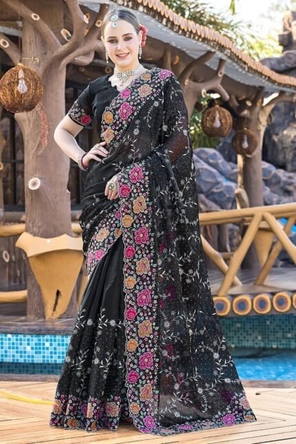 Black Organza Floral Embroidered Sequins Stone Embossed Saree Festive Wear