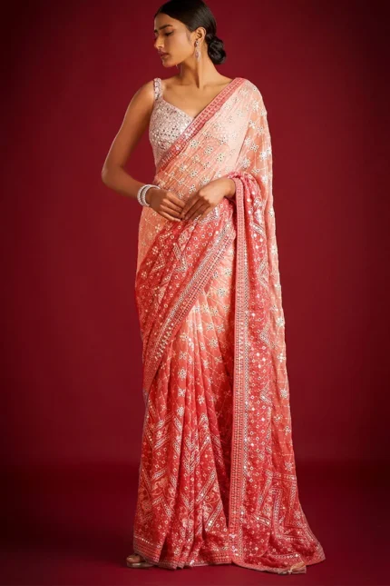Orange Organza Silk Zari Sequins Hand Embroidered Saree Festive Wear