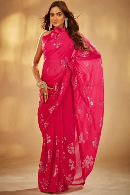 Pink Faux Georgette Sequins Sari Party Wear