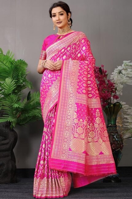 Soft Silk Dark Pink Color Zari Work Saree Festive Wear
