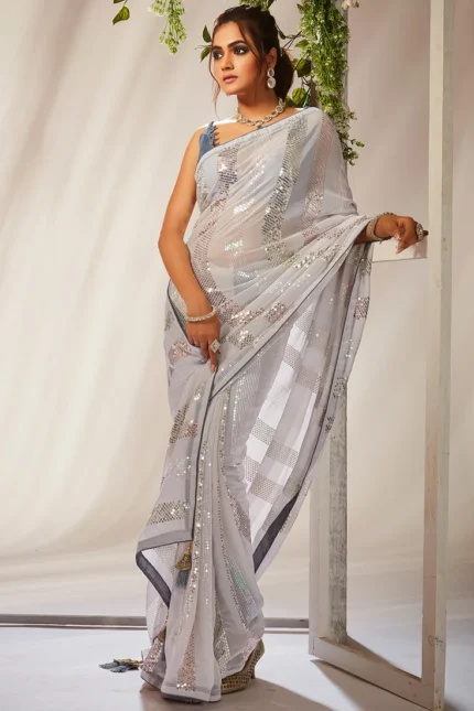White Faux Georgette Sequins Sari Party Wear